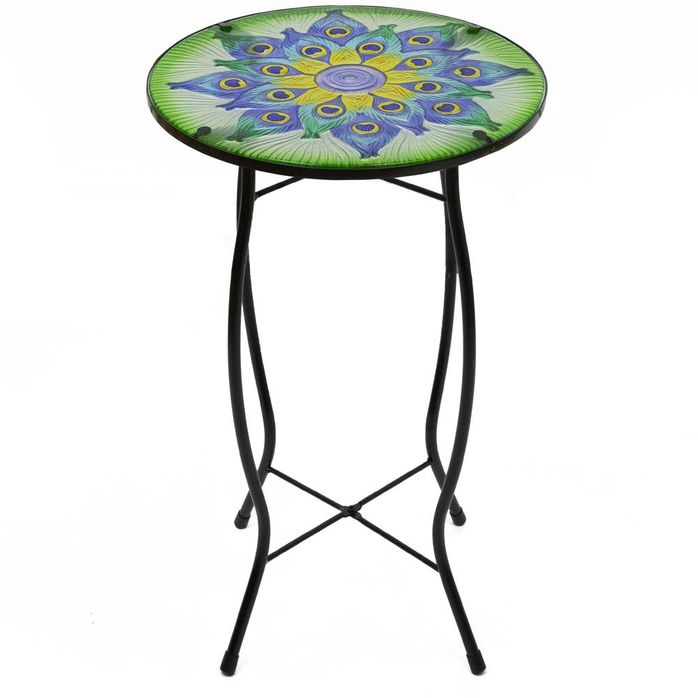 19" Green and Blue Peacock Flower Tail Glass Patio Side Table. Picture 1