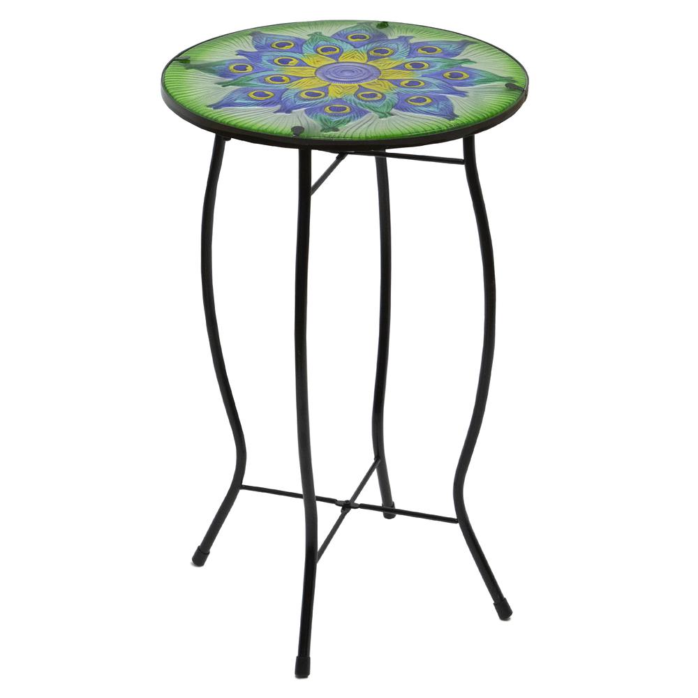 19" Green and Blue Peacock Flower Tail Glass Patio Side Table. Picture 4