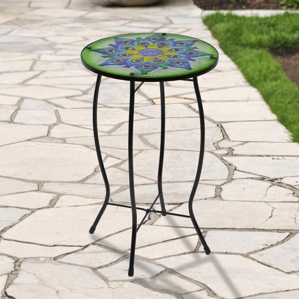 19" Green and Blue Peacock Flower Tail Glass Patio Side Table. Picture 2