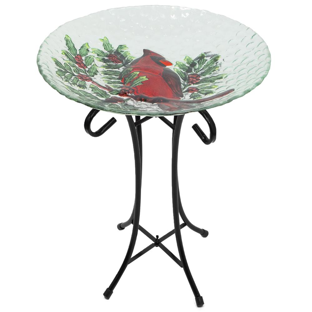 21" Red Cardinal and Pine Cone Glass Bird Bath with Stand. Picture 1
