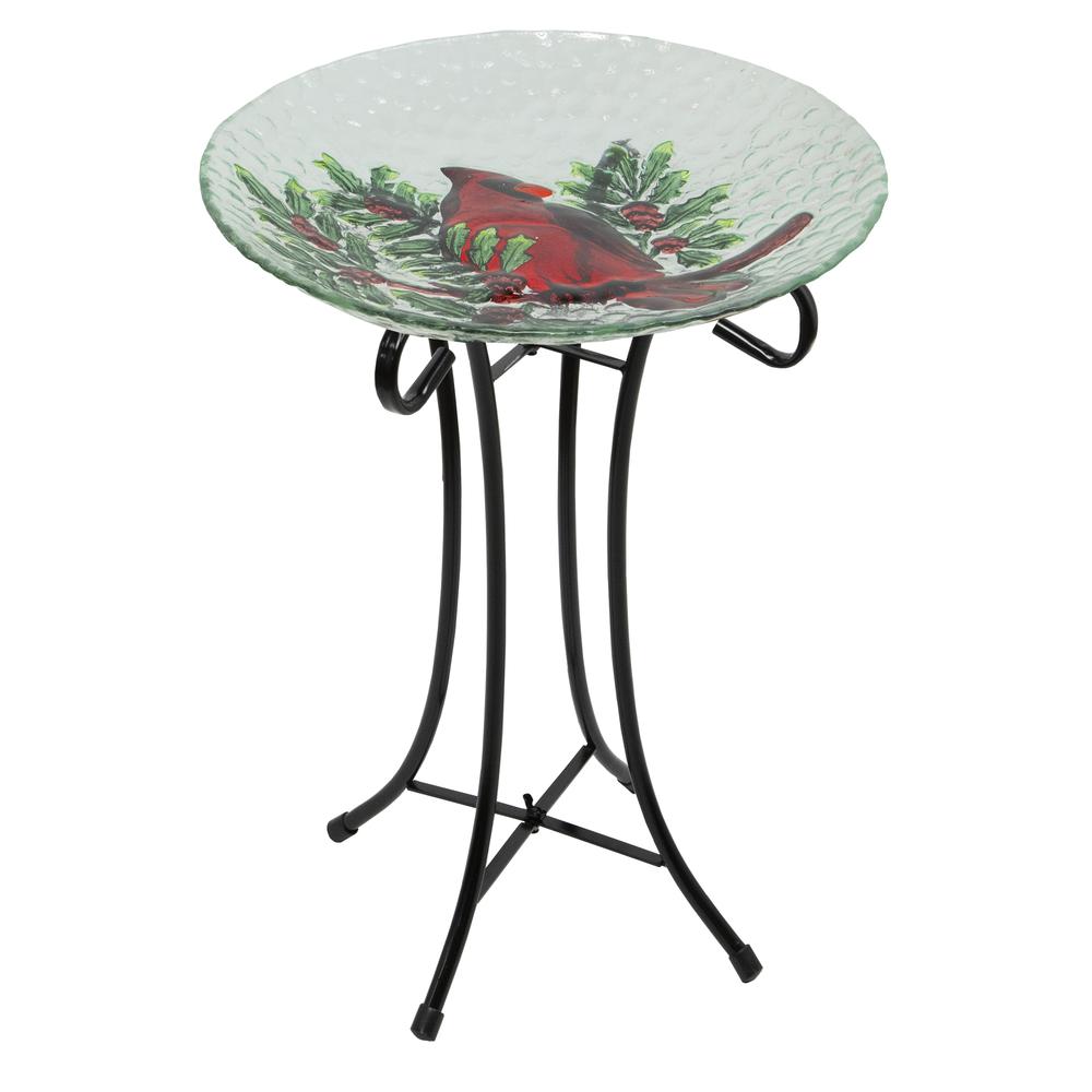 21" Red Cardinal and Pine Cone Glass Bird Bath with Stand. Picture 4