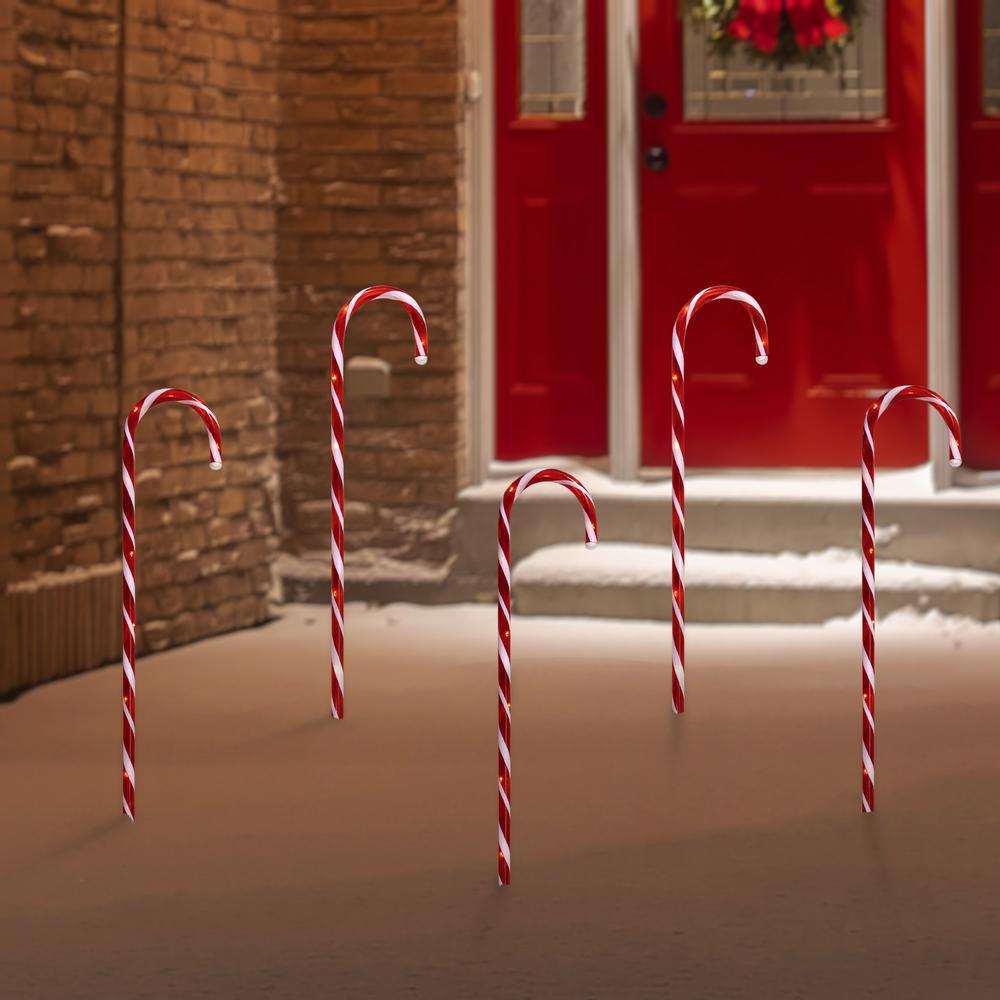 Set of 5 Red Lighted Candy Cane Christmas Lawn Stakes 28". Picture 2