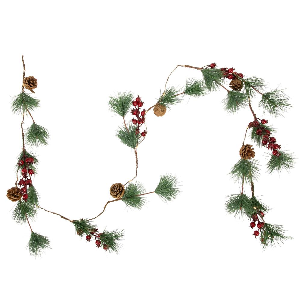 6.5' Pre-Lit Pine and Berry Artificial Christmas Garland  Warm White LED Lights. Picture 1
