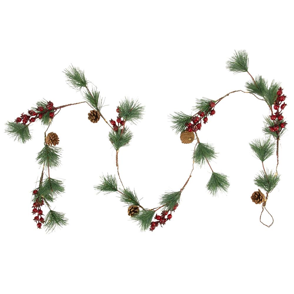 6.5' Pre-Lit Pine and Berry Artificial Christmas Garland  Warm White LED Lights. Picture 3