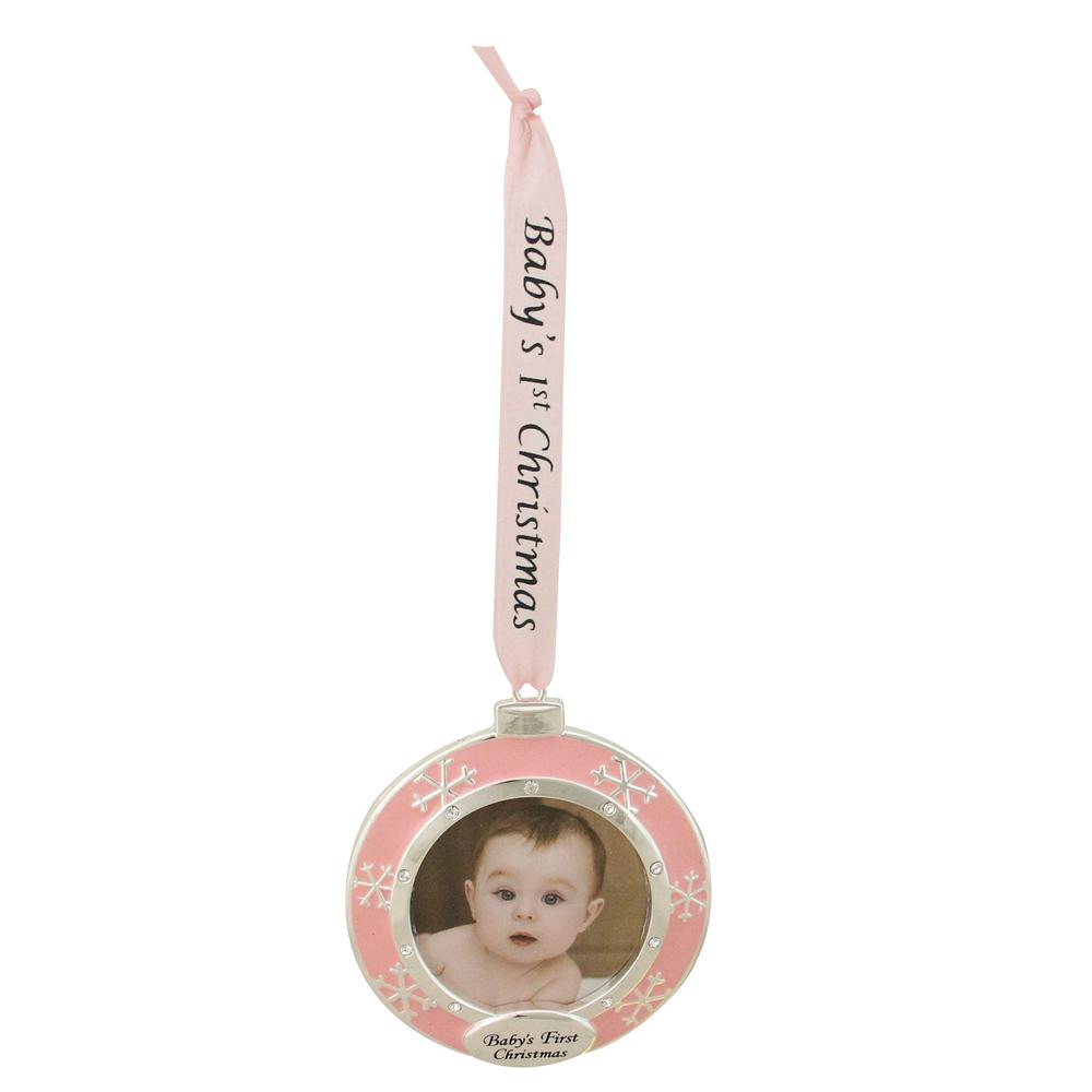 3" Pink Baby's First Christmas Photo Frame Ornament. Picture 1