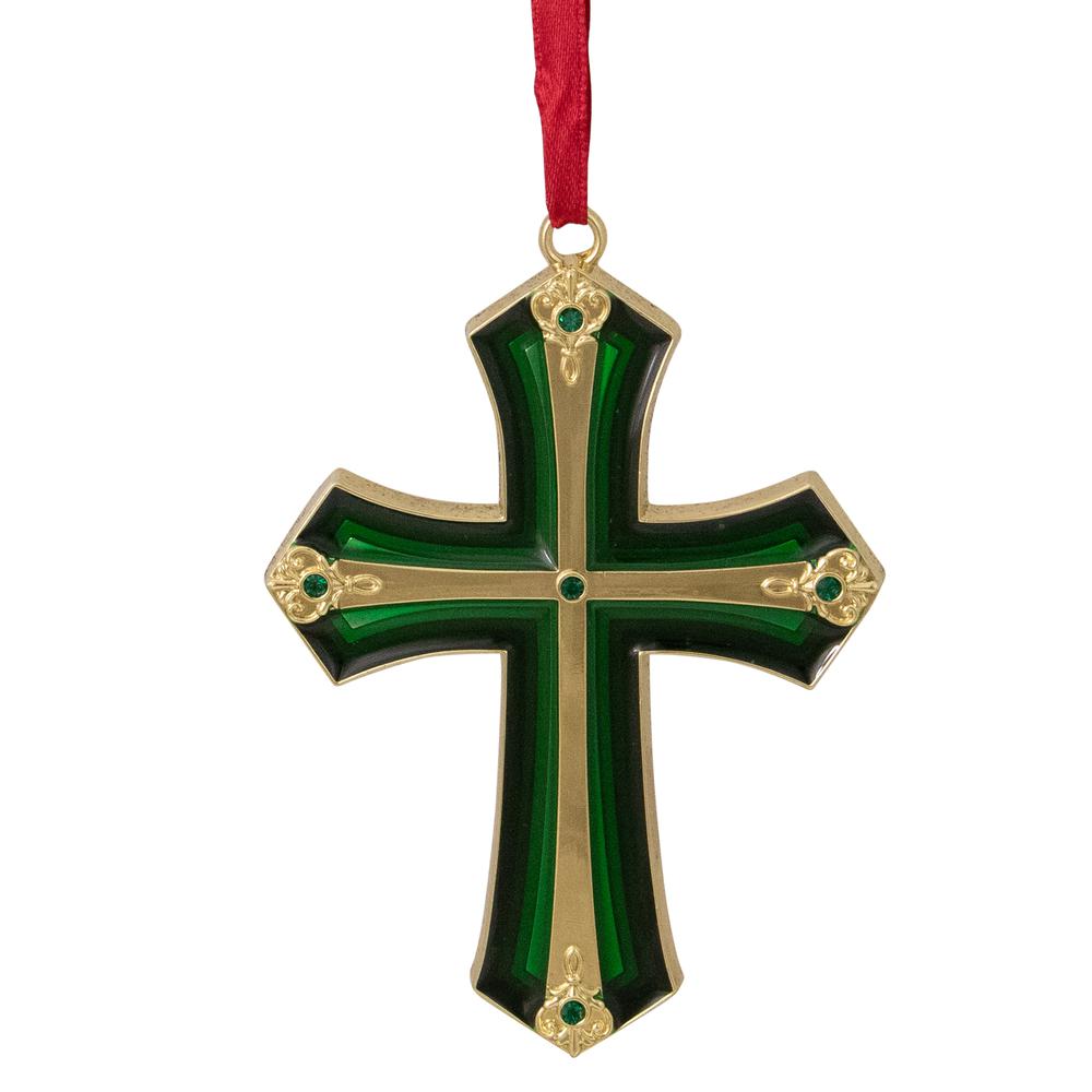 3.5" Green and Gold Layering Effect Cross Christmas Ornament with Crystals. Picture 1