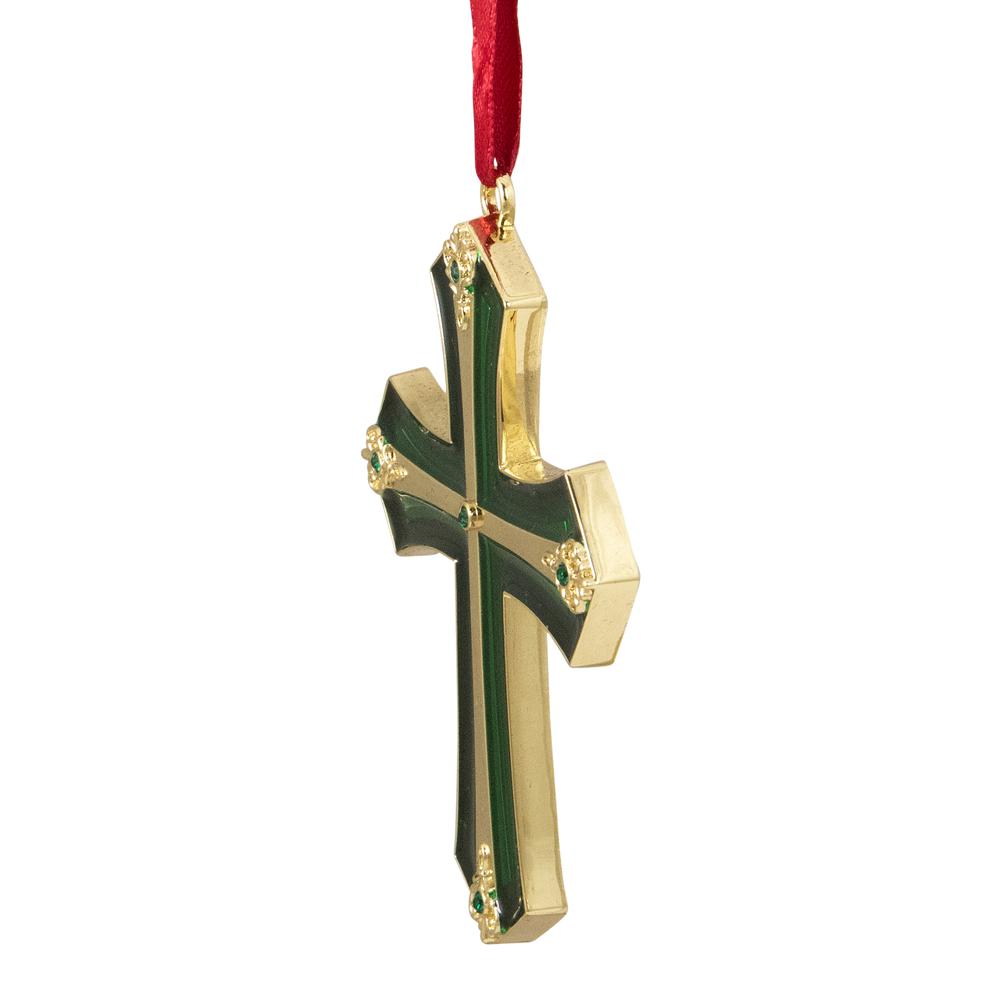 3.5" Green and Gold Layering Effect Cross Christmas Ornament with Crystals. Picture 3