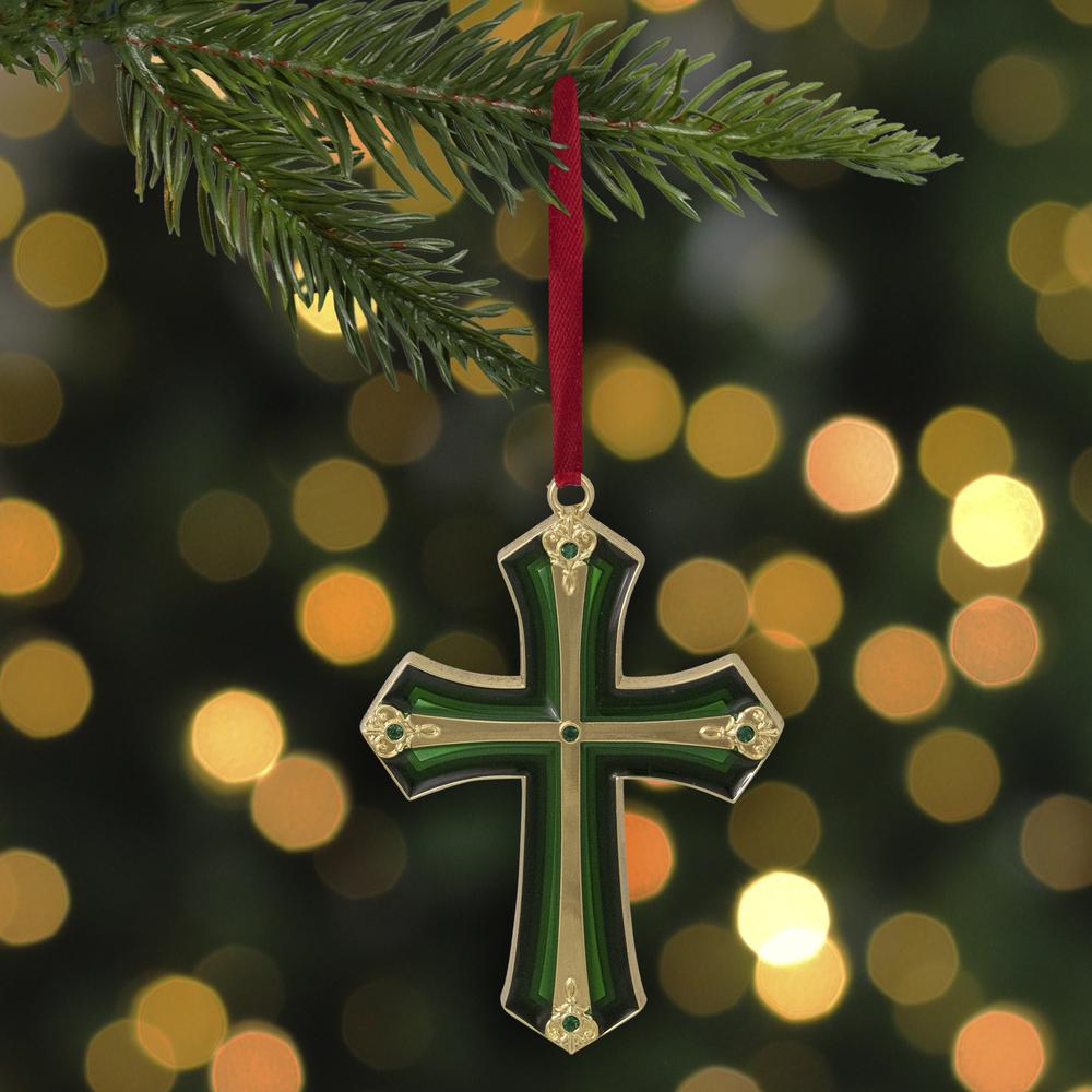 3.5" Green and Gold Layering Effect Cross Christmas Ornament with Crystals. Picture 2