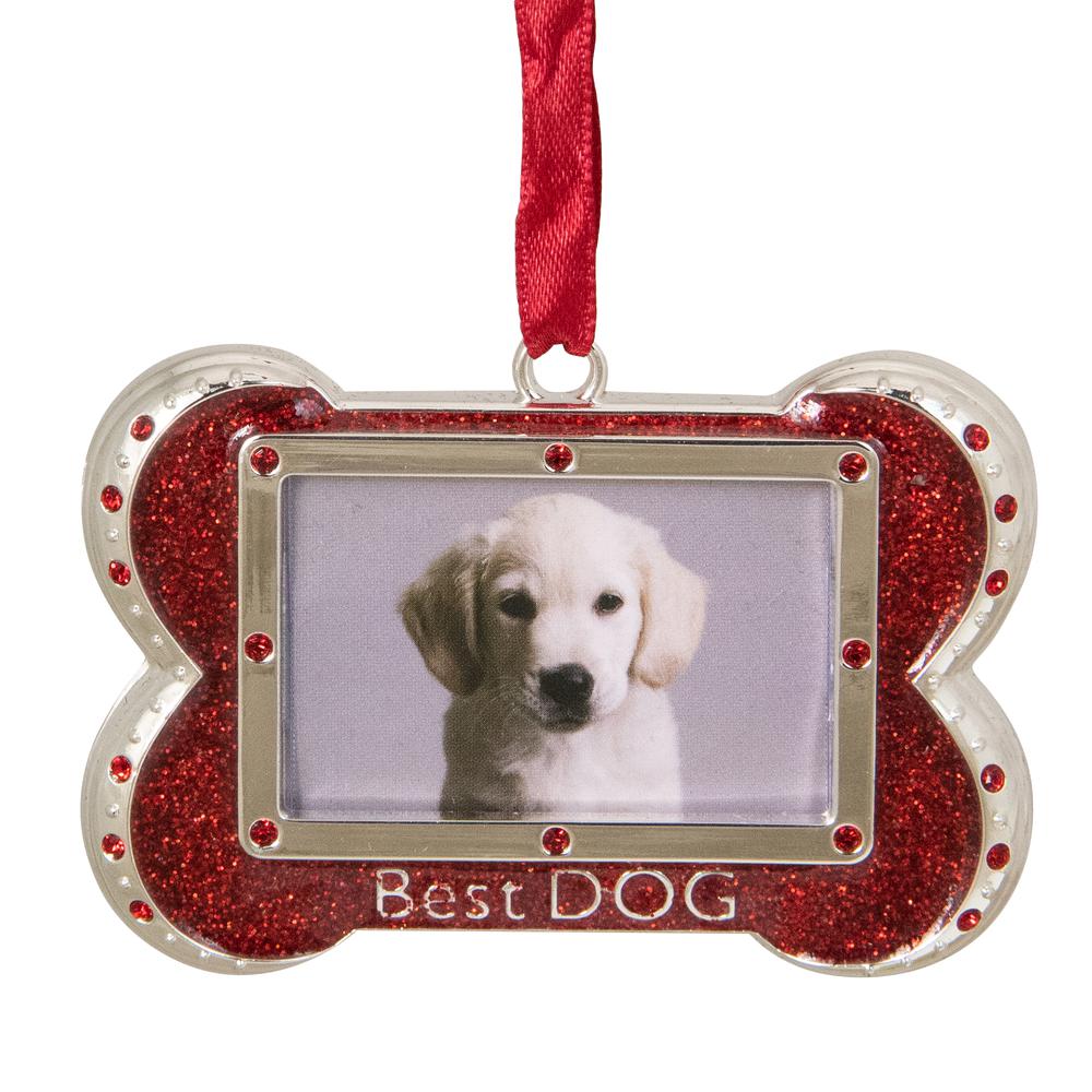 3" Red and Silver-Plated Best Dog Bone Christmas Ornament with European Crystals. Picture 1