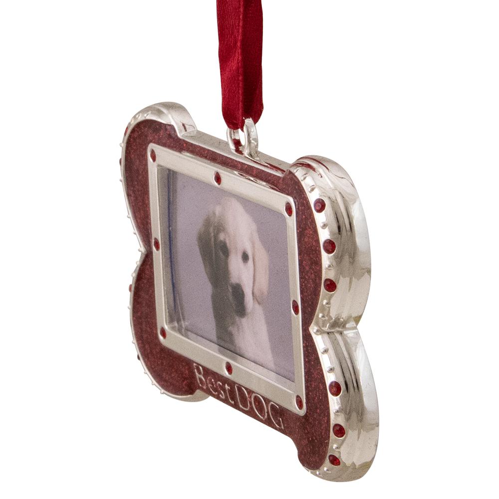 3" Red and Silver-Plated Best Dog Bone Christmas Ornament with European Crystals. Picture 3