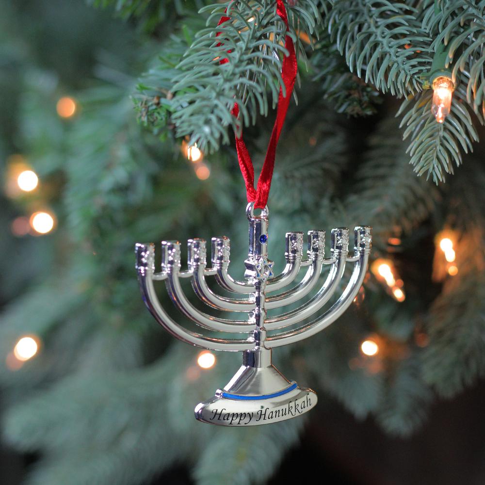 3.25" Blue and Silver Hanging Hanukkah Menorah Ornament. Picture 2