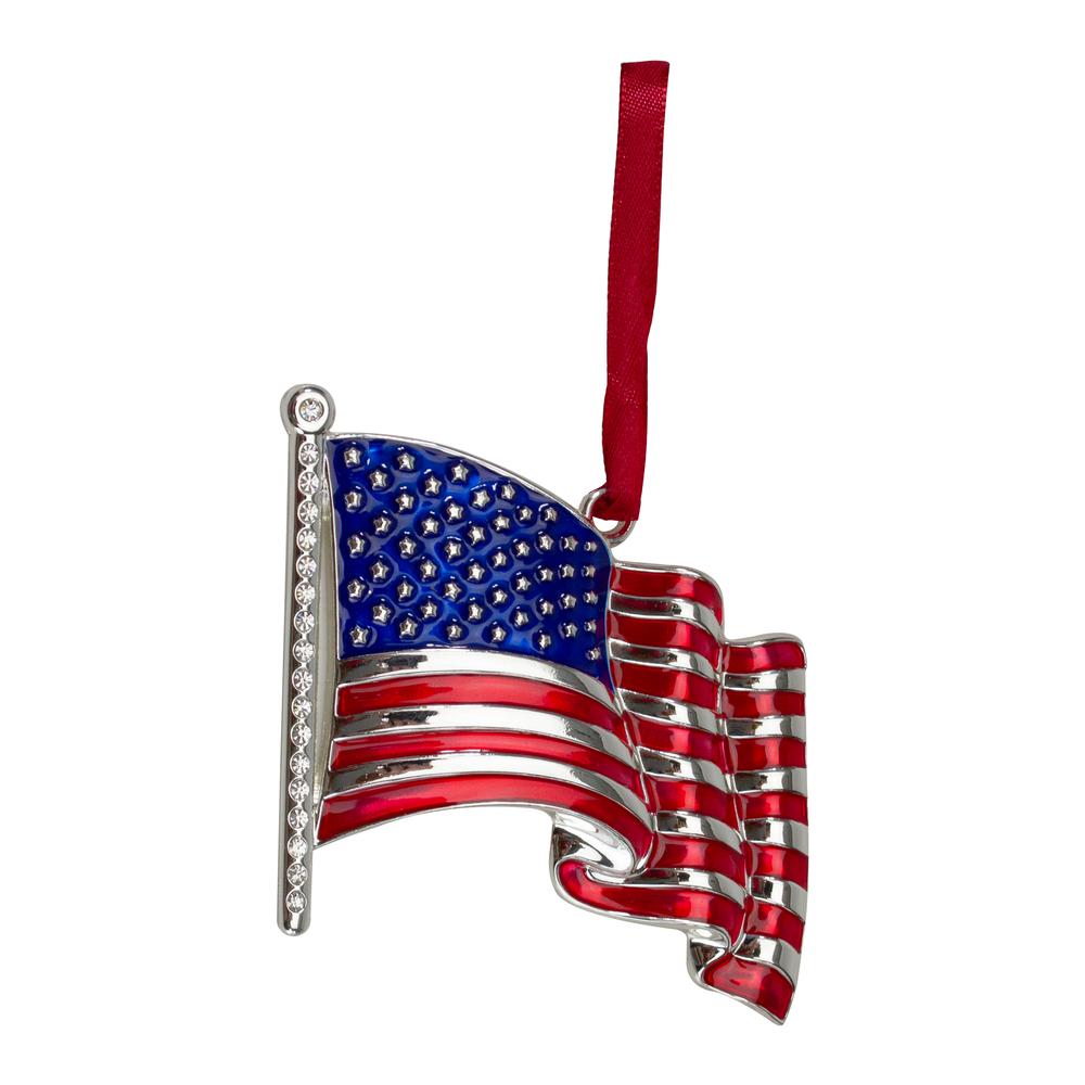 3.25" Silver Plated American Flag with European Crystals Christmas Ornament. Picture 1
