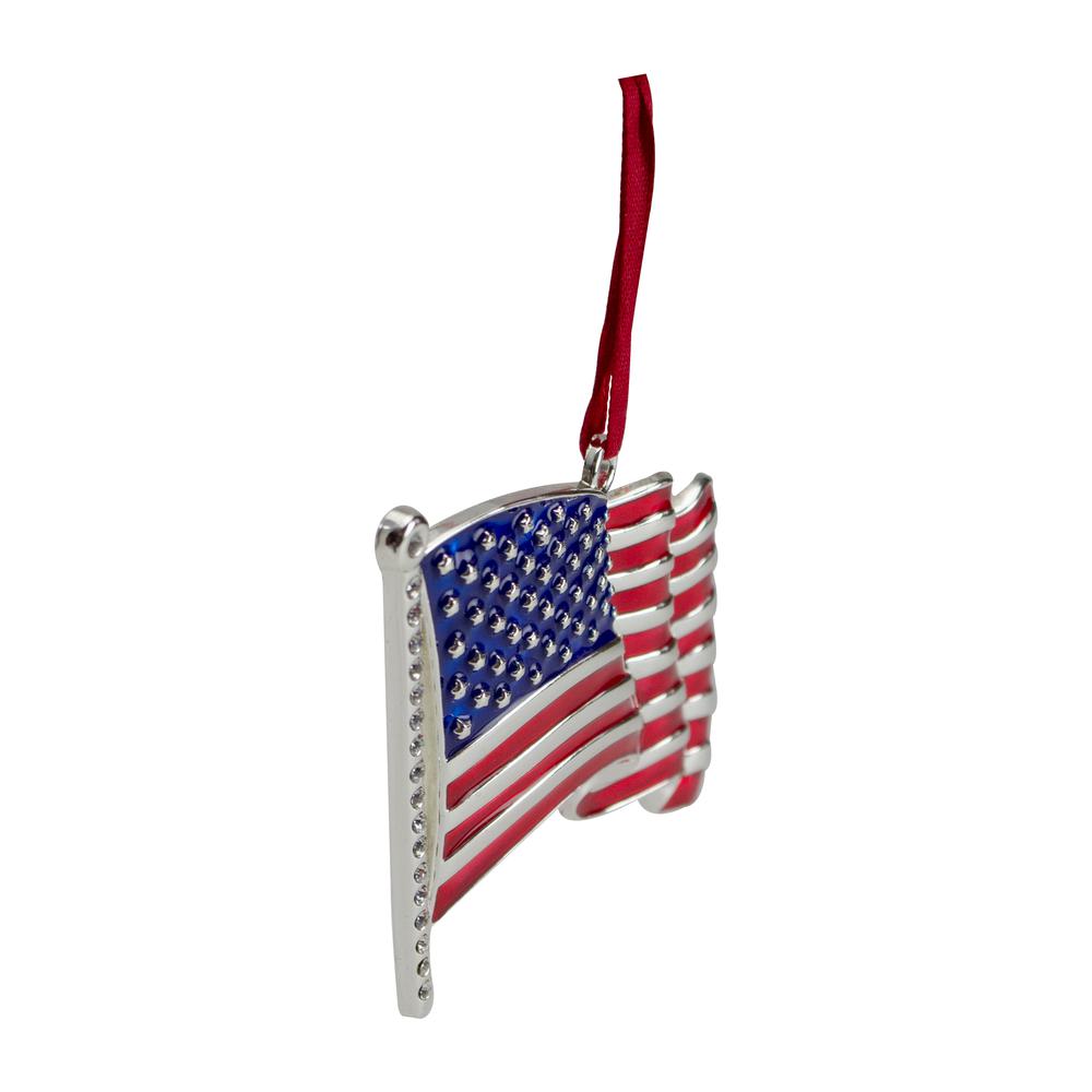 3.25" Silver Plated American Flag with European Crystals Christmas Ornament. Picture 2
