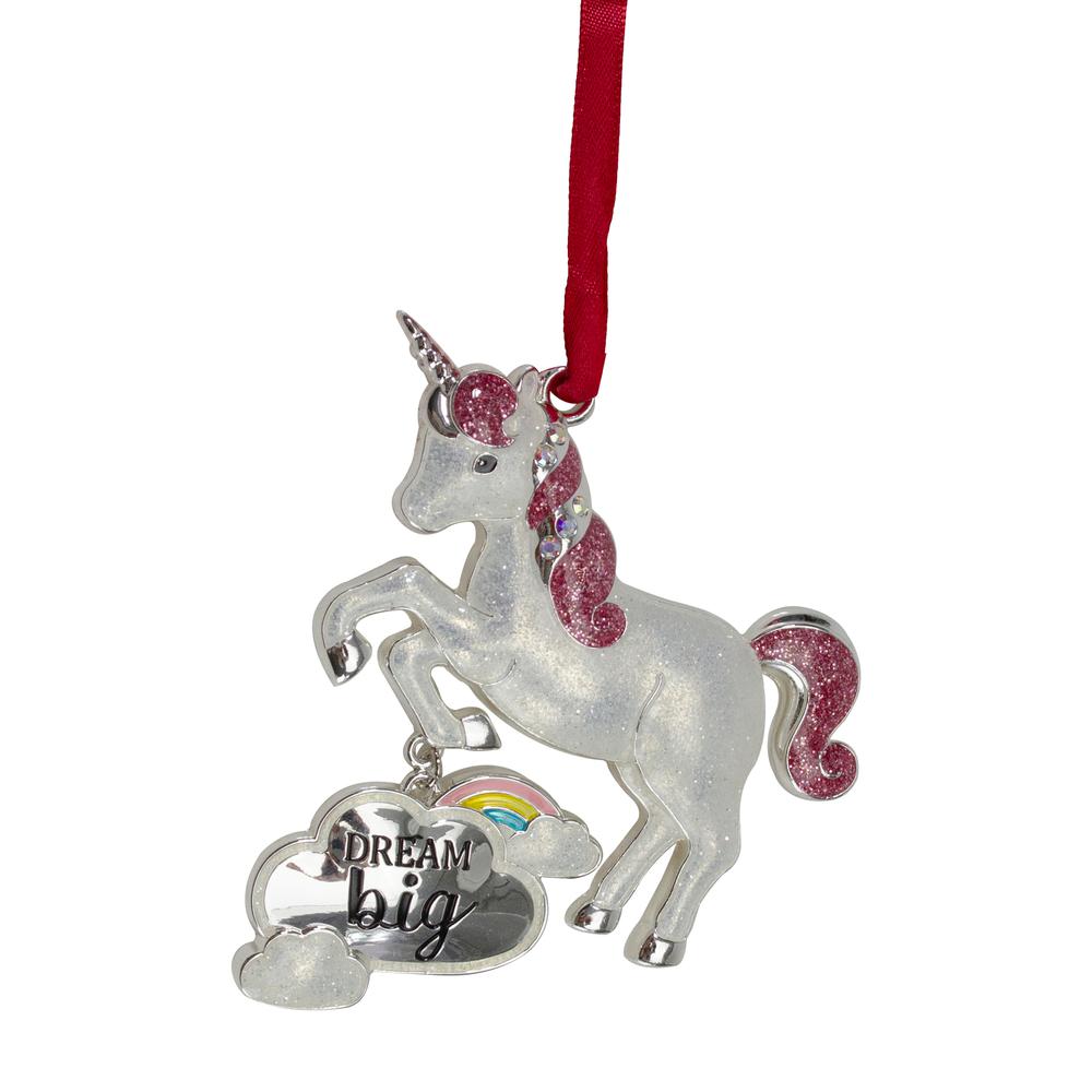 3.25" Silver Plated Dream Big Unicorn with European Crystals Christmas Ornament. Picture 1