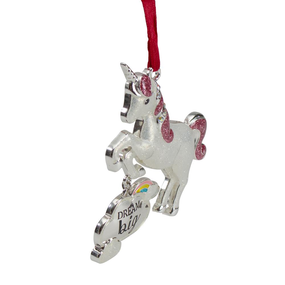 3.25" Silver Plated Dream Big Unicorn with European Crystals Christmas Ornament. Picture 3