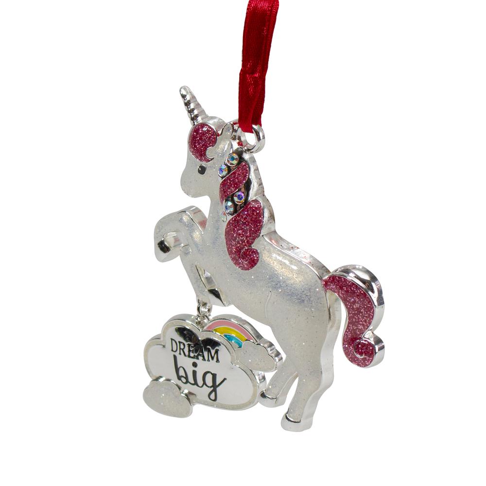 3.25" Silver Plated Dream Big Unicorn with European Crystals Christmas Ornament. Picture 2