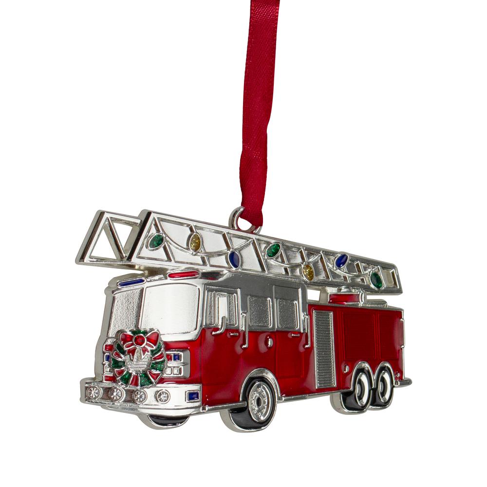 3.5" Silver Plated Fire Truck with European Crystals Christmas Ornament. Picture 1