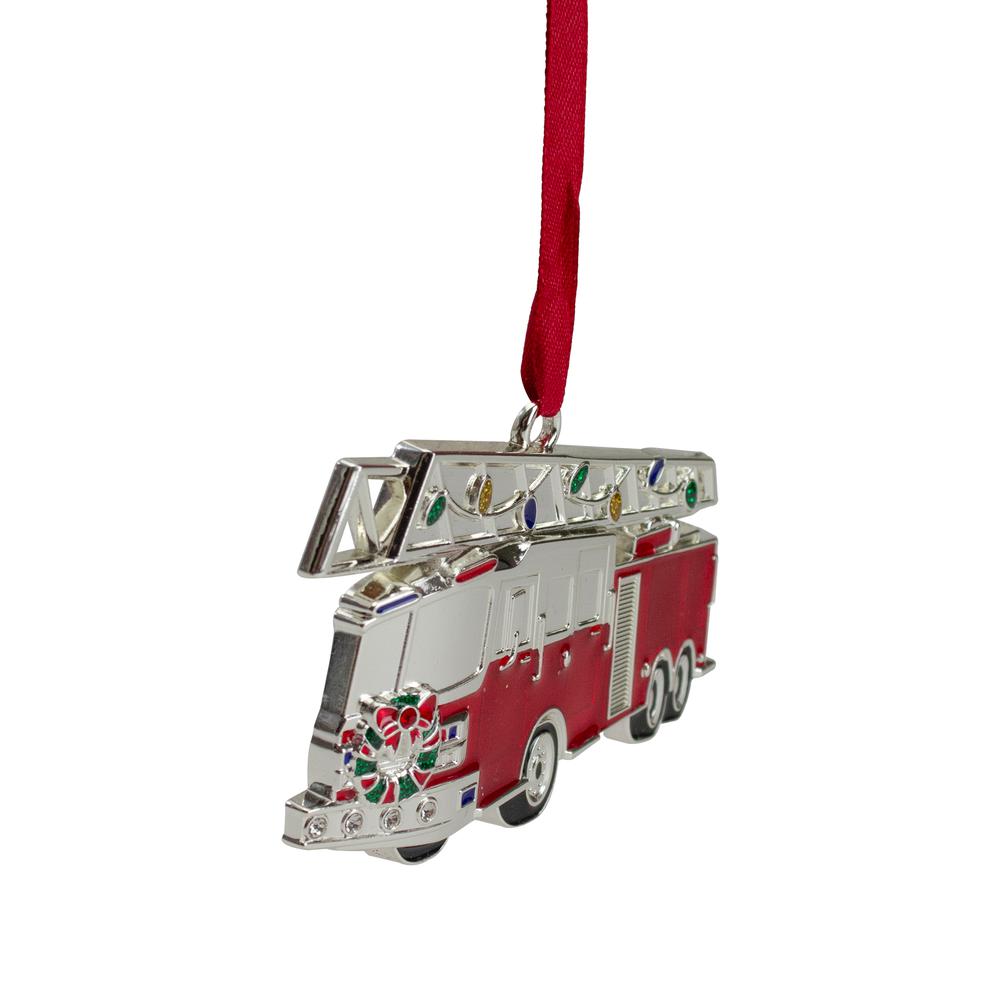 3.5" Silver Plated Fire Truck with European Crystals Christmas Ornament. Picture 2