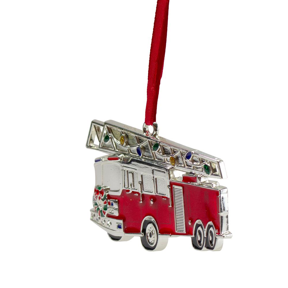 3.5" Silver Plated Fire Truck with European Crystals Christmas Ornament. Picture 3