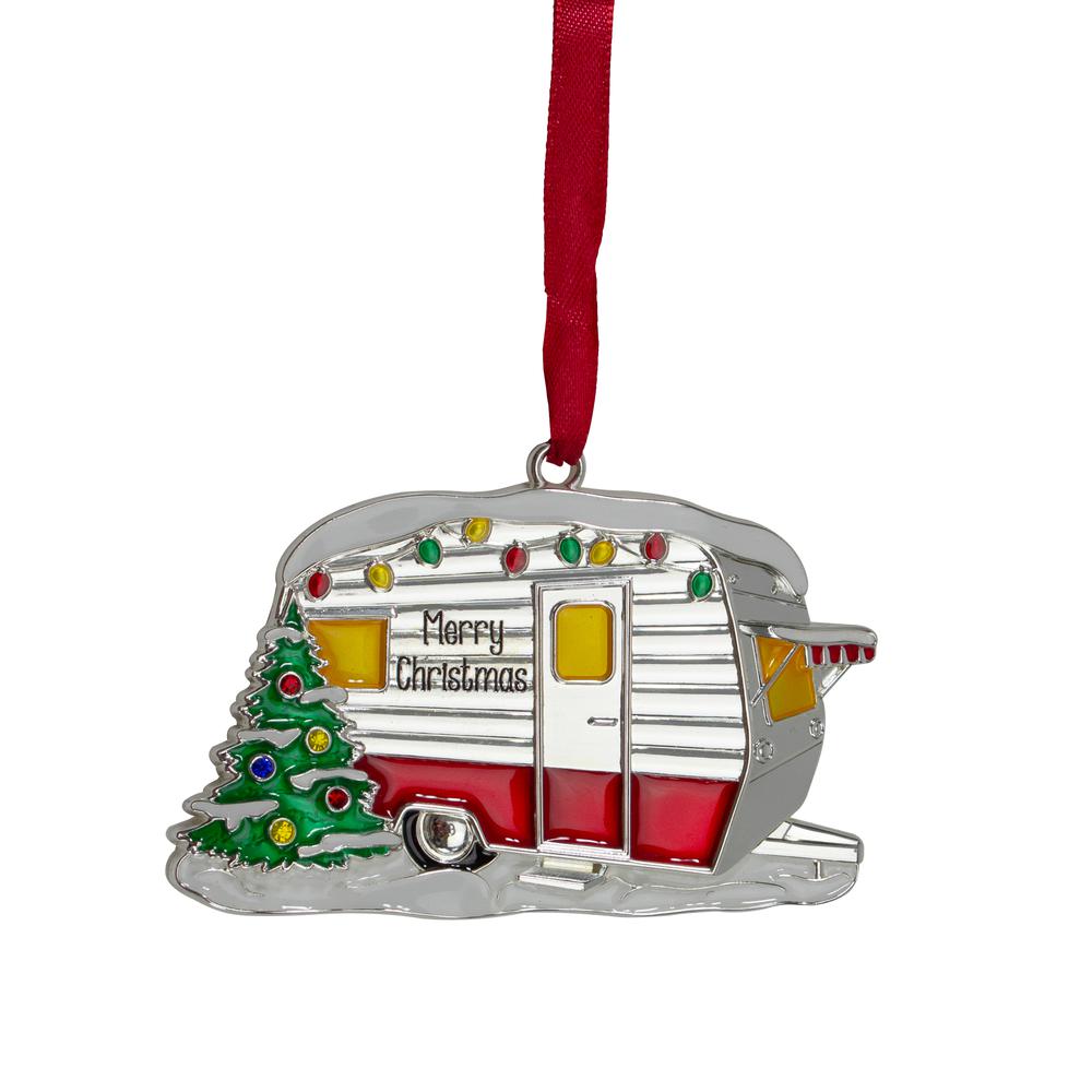 3.5" Silver Plated Camper with European Crystals Christmas Ornament. Picture 1