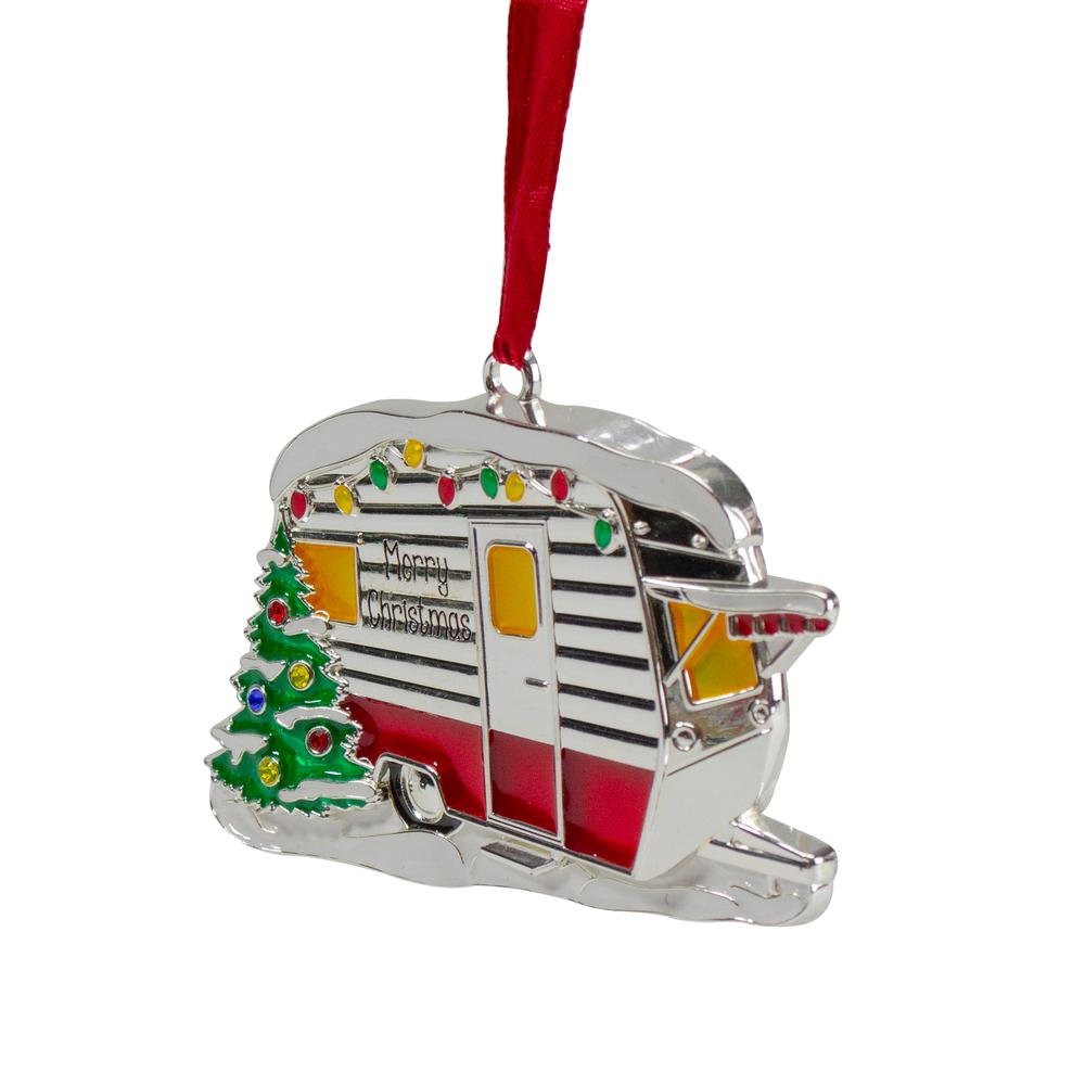 3.5" Silver Plated Camper with European Crystals Christmas Ornament. Picture 3