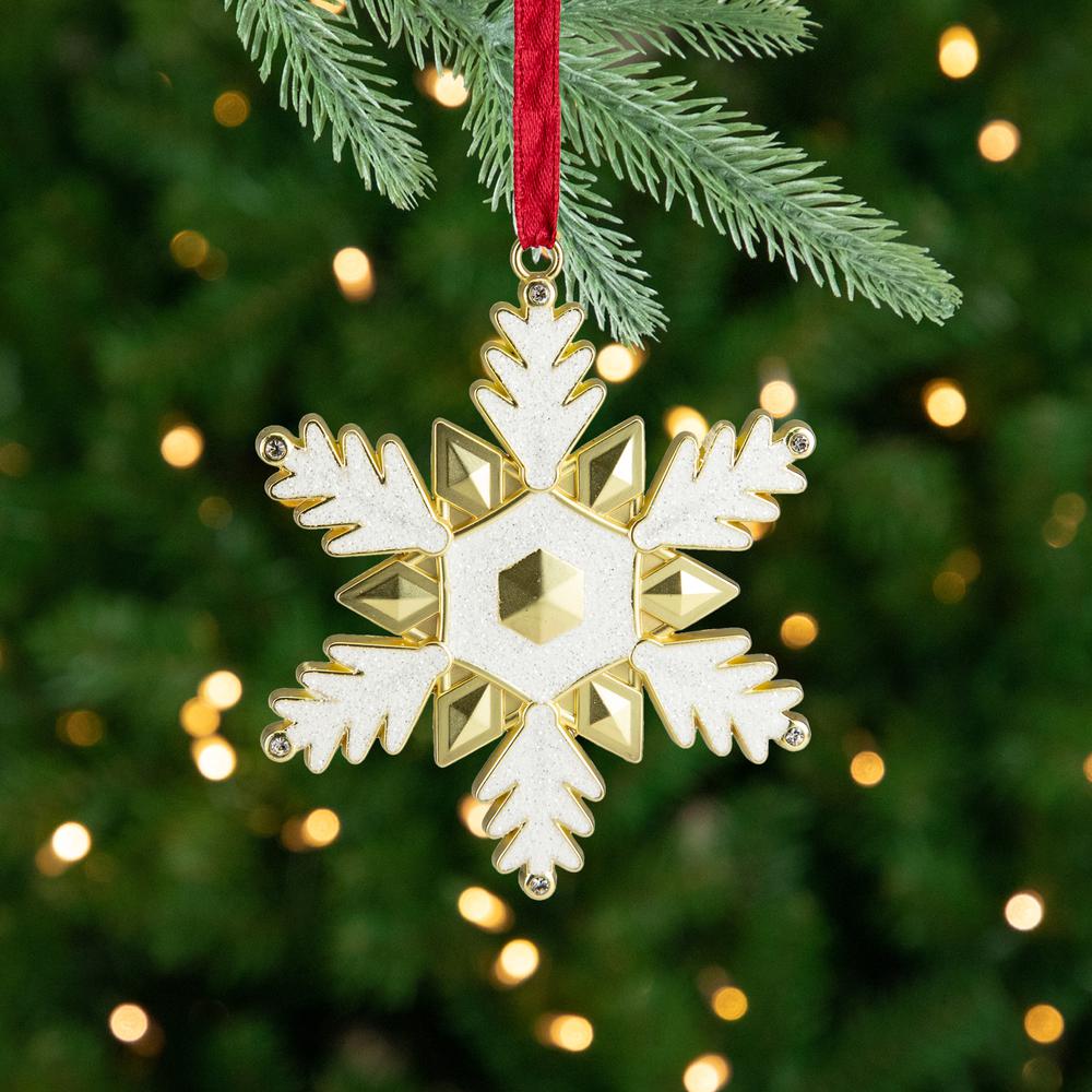 3.5" White Brass-Plated Snowflake Christmas Ornament with European Crystals. Picture 2