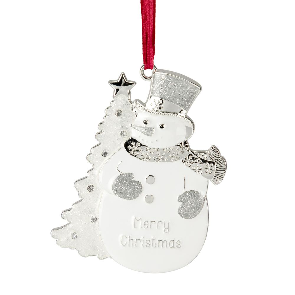 3.5" White Silver-Plated Snowman Merry Christmas Ornament with European Crystals. Picture 1