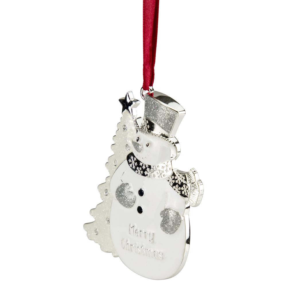 3.5" White Silver-Plated Snowman Merry Christmas Ornament with European Crystals. Picture 4