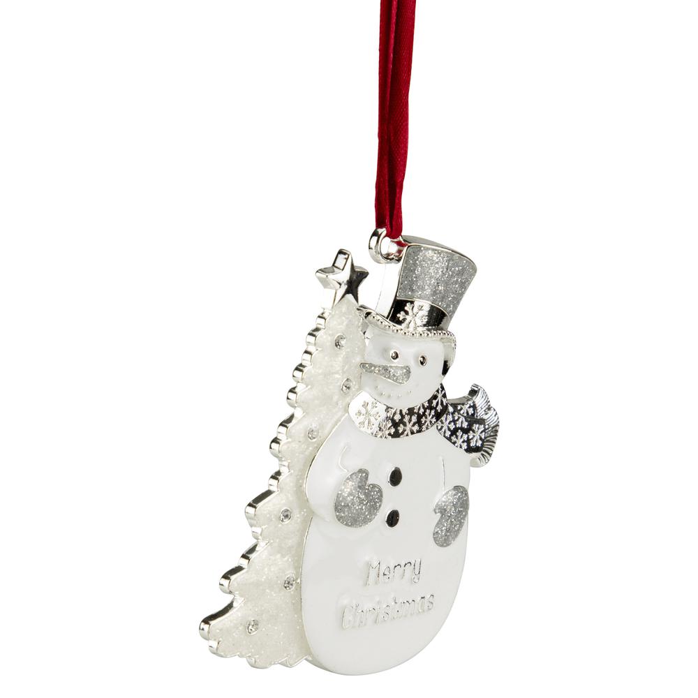 3.5" White Silver-Plated Snowman Merry Christmas Ornament with European Crystals. Picture 3