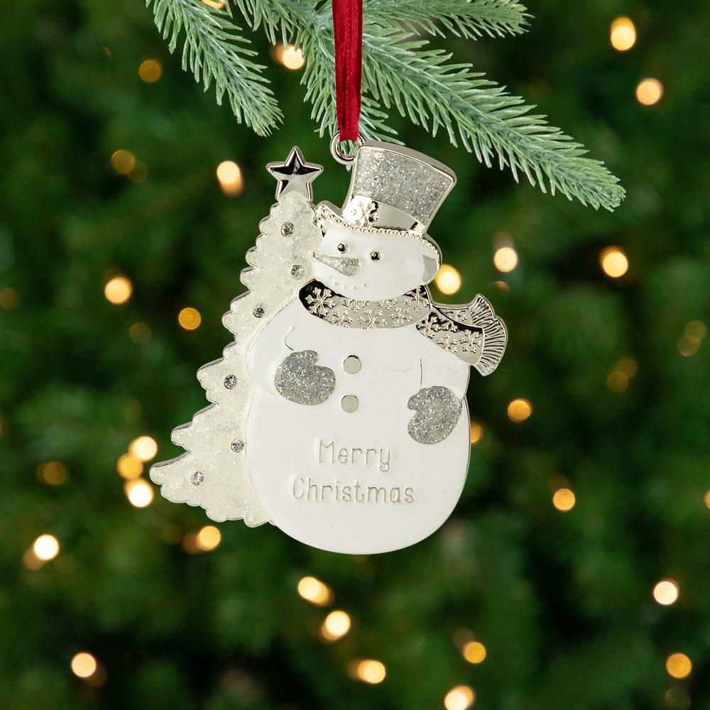 3.5" White Silver-Plated Snowman Merry Christmas Ornament with European Crystals. Picture 2
