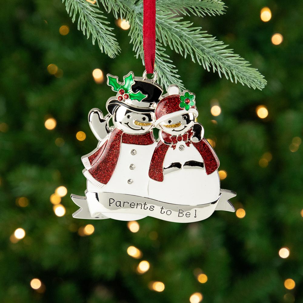 3.5" Silver-Plated Snowmen Parents to Be Christmas Ornament with Crystals. Picture 2