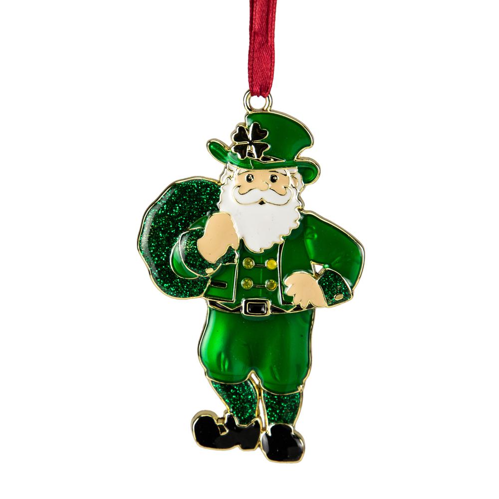3.5" Green Brass-Plated Irish Santa Christmas Ornament with European Crystals. Picture 1