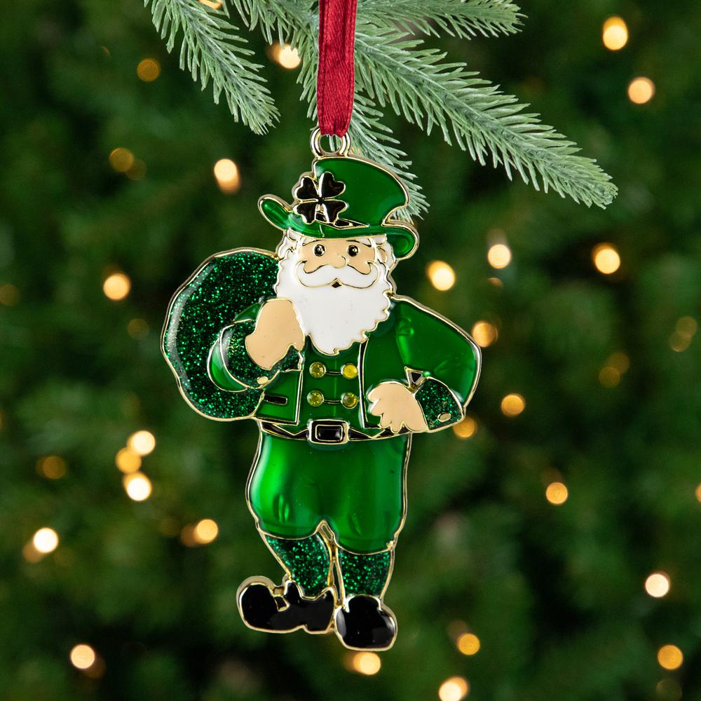 3.5" Green Brass-Plated Irish Santa Christmas Ornament with European Crystals. Picture 2