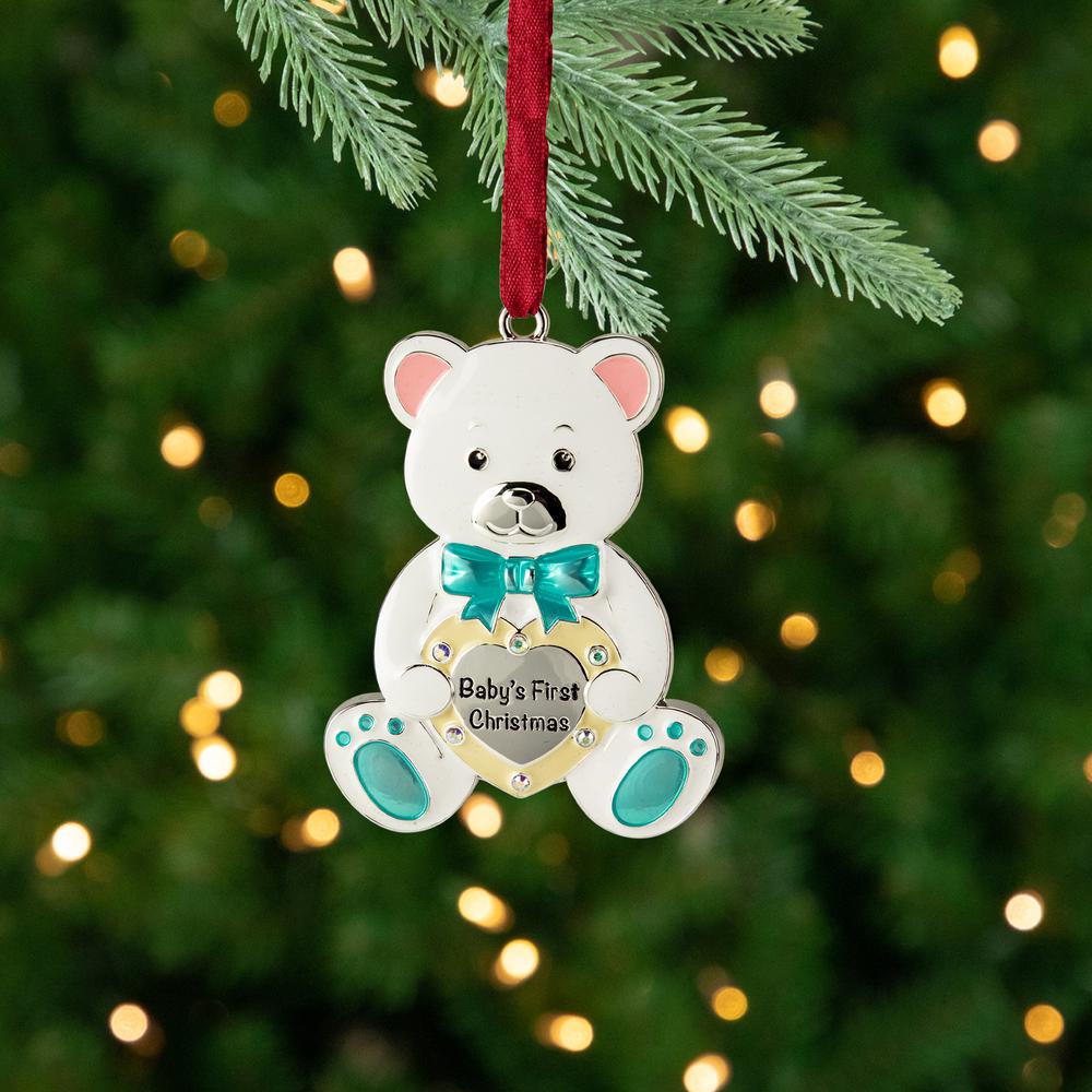 3" Pastel Silver Plated Bear Baby's First Christmas Ornament with Crystals. Picture 2
