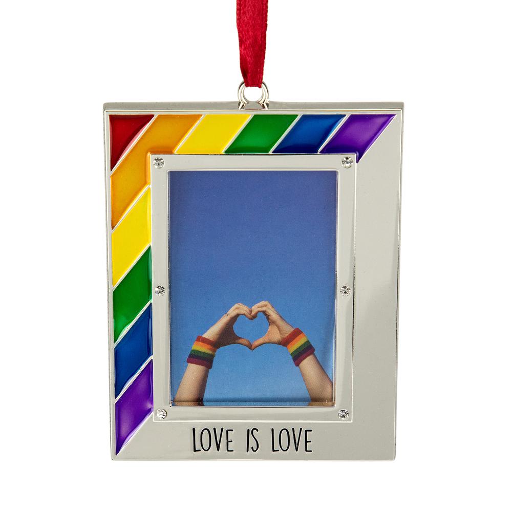 3.5" Silver-Plated Love is Love Frame Pride Christmas Ornament with Crystals. Picture 1