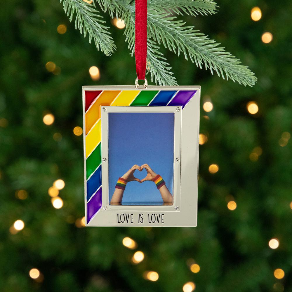 3.5" Silver-Plated Love is Love Frame Pride Christmas Ornament with Crystals. Picture 2