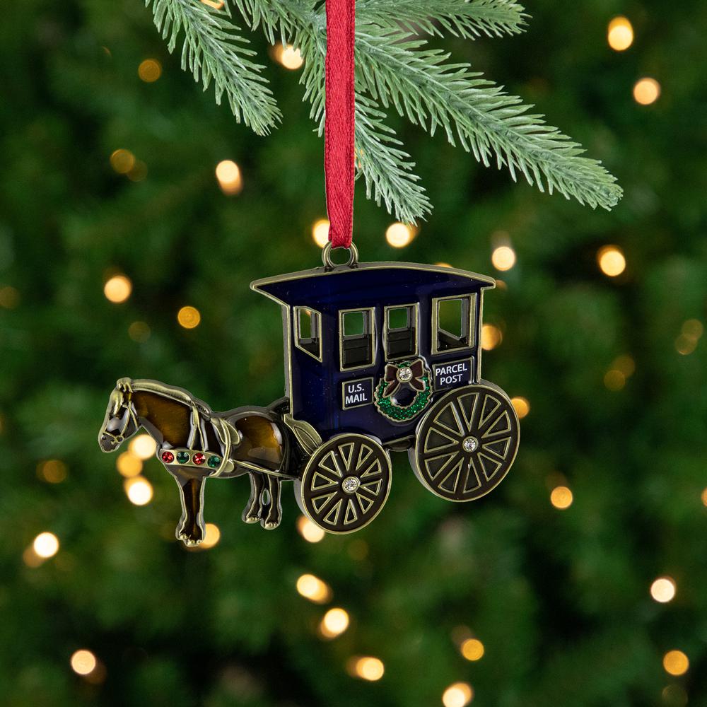 3.25" U.S. Mail Parcel Horse and Buggy Christmas Ornament with European Crystals. Picture 2