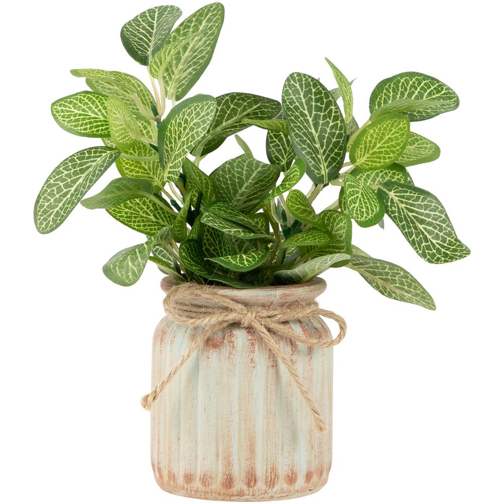8" Reticulated Artificial Spring Foliage in Ceramic Pot. Picture 1
