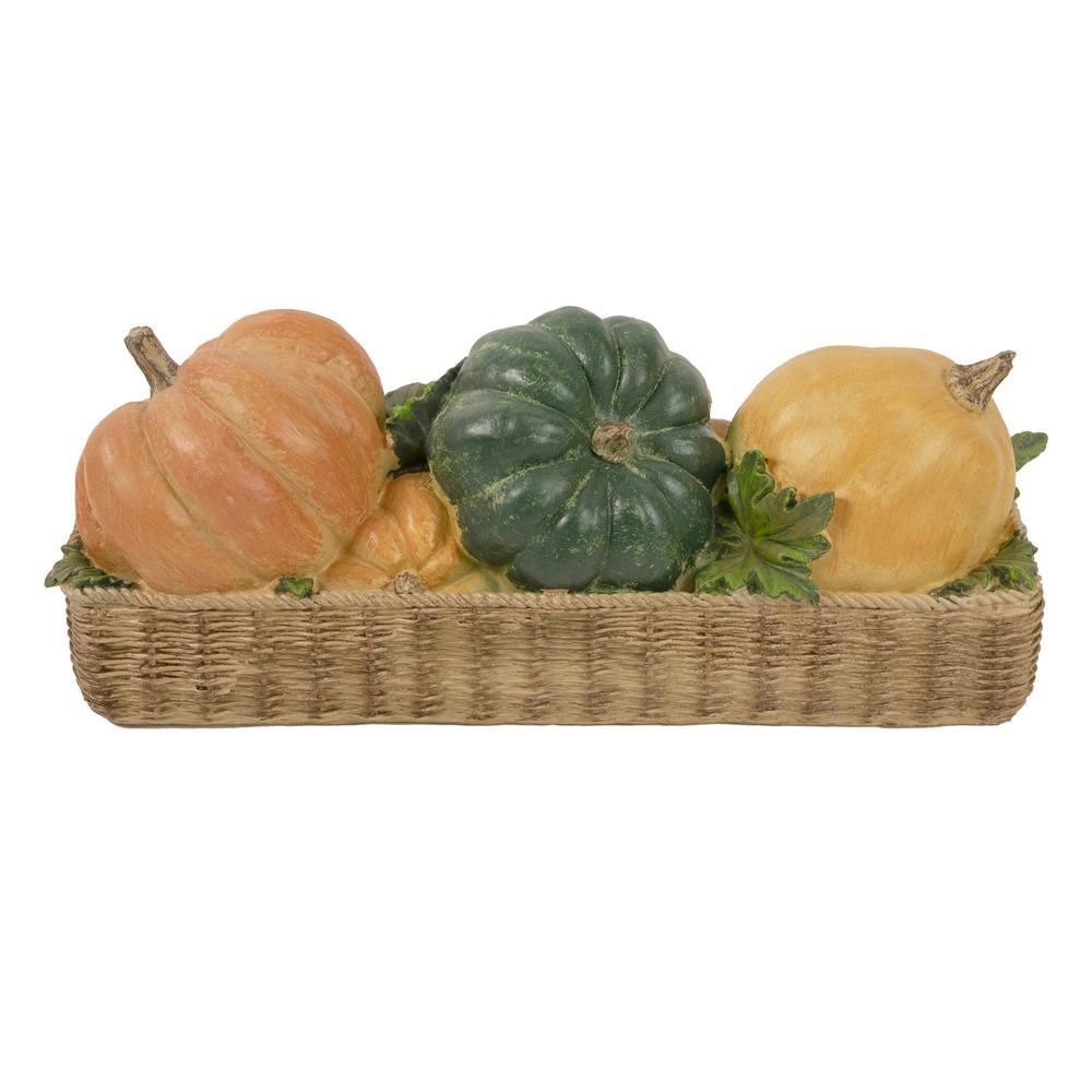 15" Faux Rattan Basket with Pumpkins Thanksgiving Table Top Decoration. Picture 1