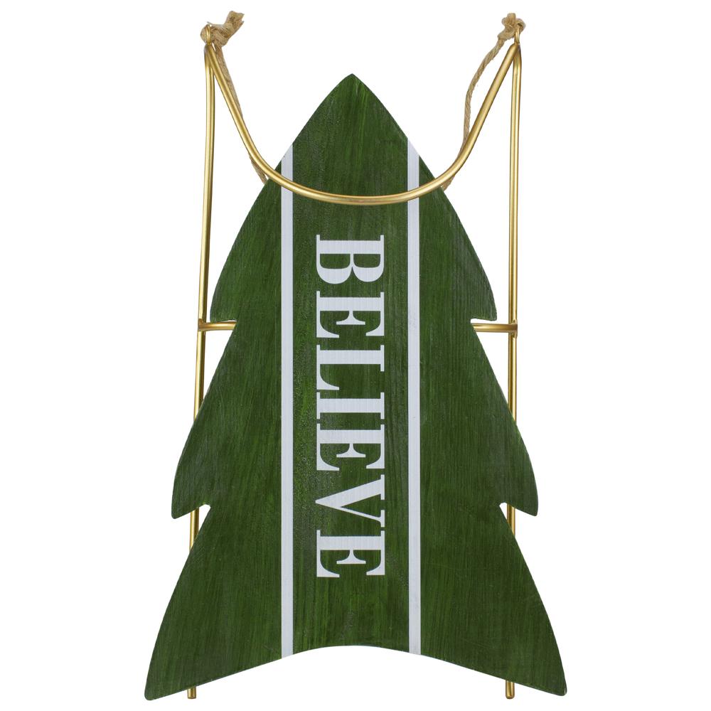 18.25" Green Wooden "BELIEVE" Christmas Snow Sled Decoration. Picture 1