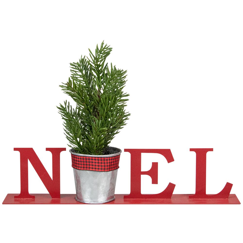 13" Red "NOEL" Potted Faux Pine in Metal Planter Christmas Tabletop Plaque. Picture 1