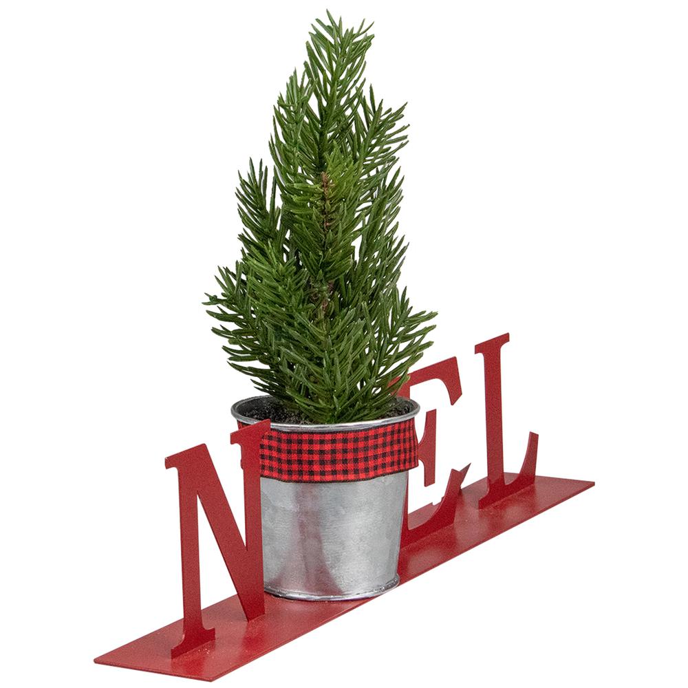 13" Red "NOEL" Potted Faux Pine in Metal Planter Christmas Tabletop Plaque. Picture 3