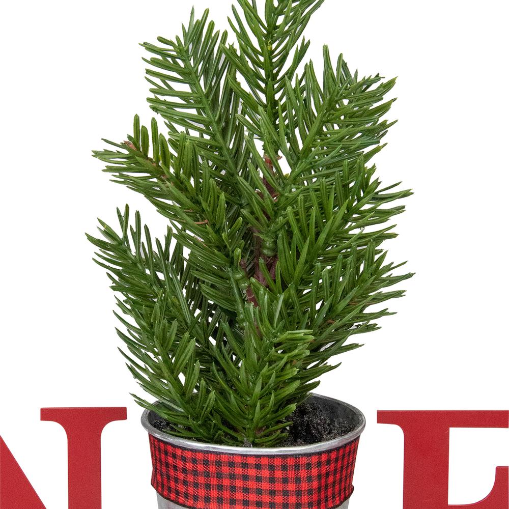 13" Red "NOEL" Potted Faux Pine in Metal Planter Christmas Tabletop Plaque. Picture 5