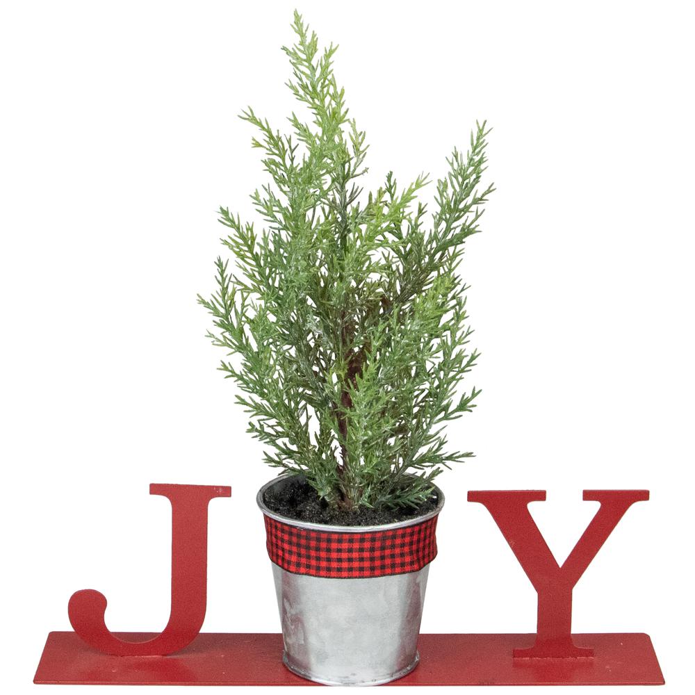 10" Red "JOY" Potted Faux Pine in Metal Planter Christmas Tabletop Plaque. Picture 1