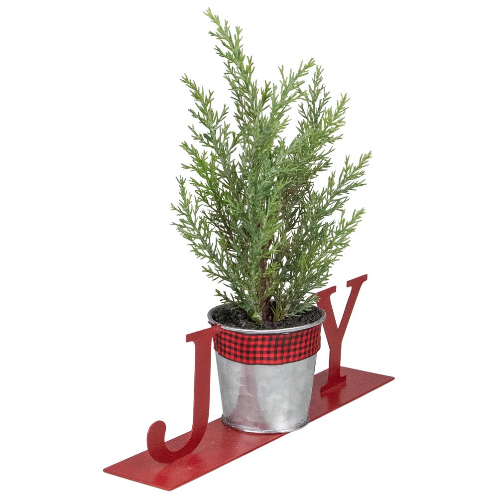 10" Red "JOY" Potted Faux Pine in Metal Planter Christmas Tabletop Plaque. Picture 3