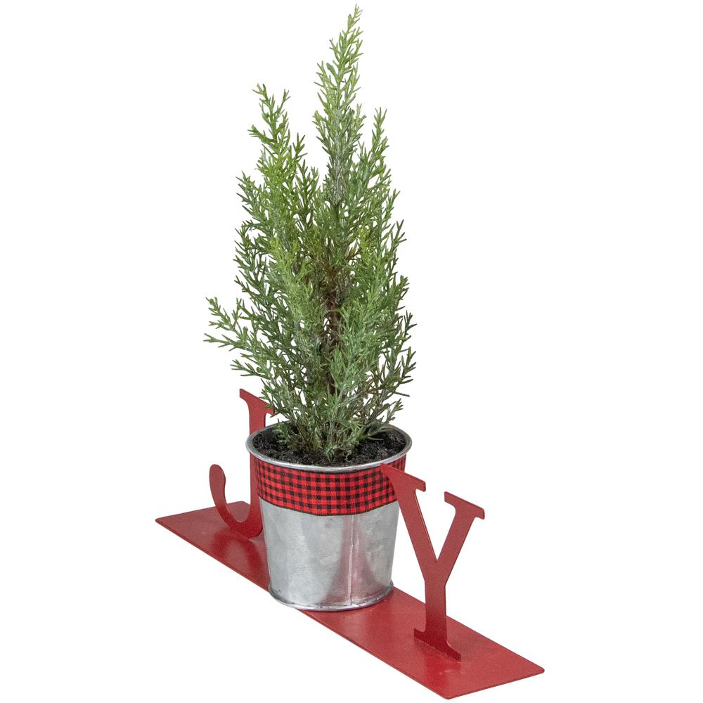 10" Red "JOY" Potted Faux Pine in Metal Planter Christmas Tabletop Plaque. Picture 4