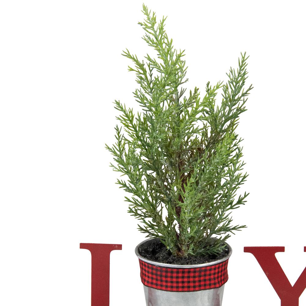 10" Red "JOY" Potted Faux Pine in Metal Planter Christmas Tabletop Plaque. Picture 5