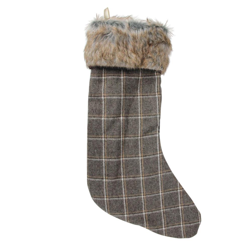 17.5" Gray and Brown Plaid Christmas Stocking with Cuff. Picture 1