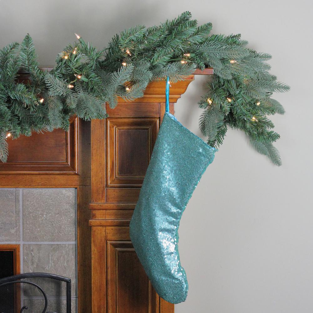 17.5" Aqua Blue Sequins Hanging Christmas Stocking. Picture 2