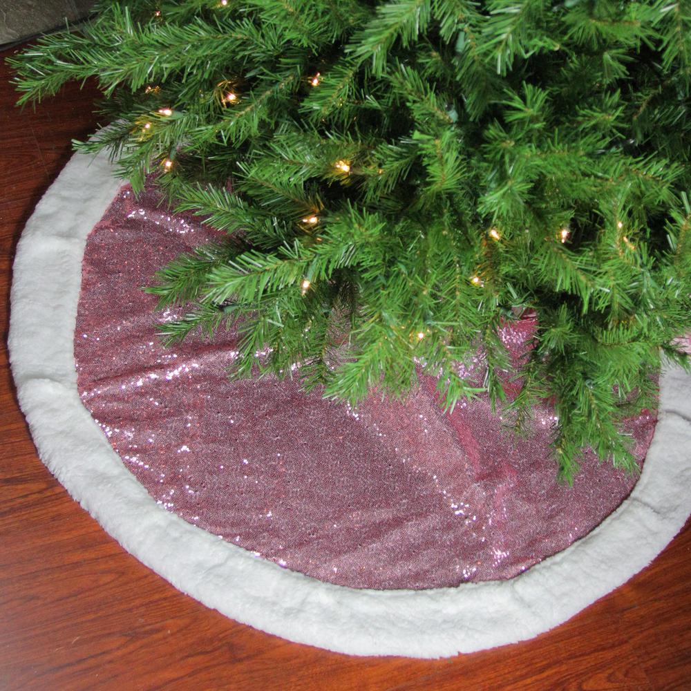 47" Pink and White Round Christmas Tree Skirt with Sherpa Border. Picture 3